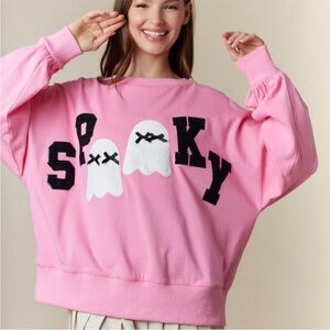 NWOT Peach Love Pink Halloween ‘Spooky’ Sweatshirt with Ghost Patches Sz Small